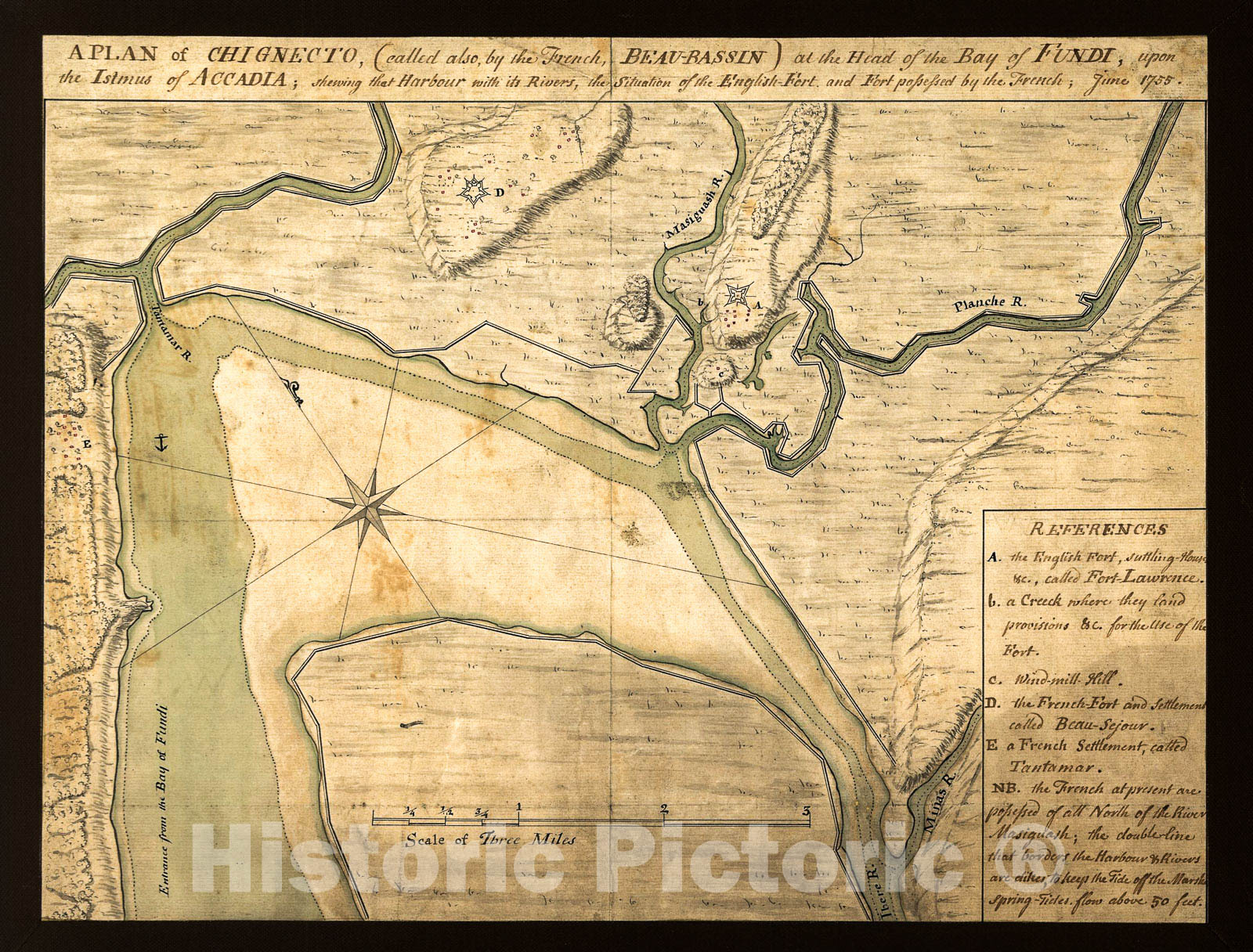 Historic 1755 Map - A Plan of Chignecto (Called Also by The French Beau-Bassin) at The Head of The Bay of Fundi Upon The Istmus of Accadia shewing That Harbour with its Rivers
