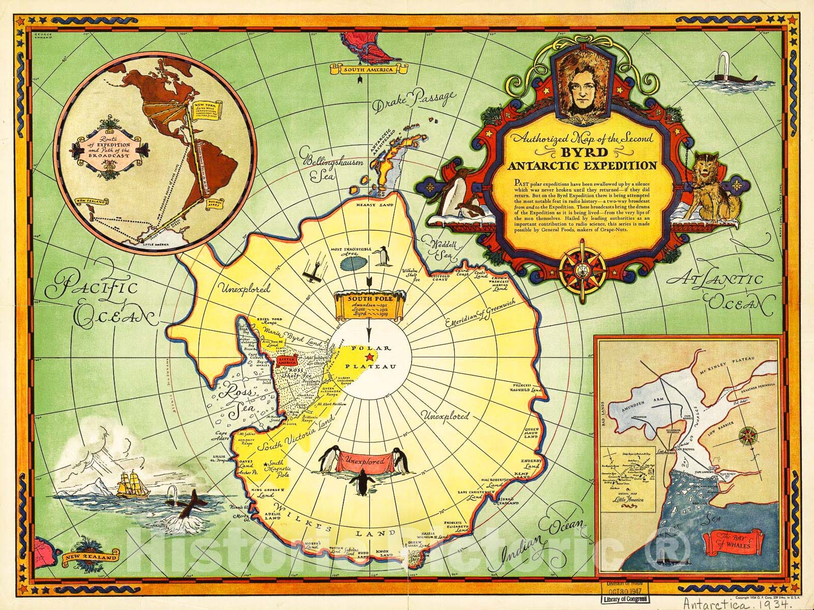 Historic 1934 Map - Authorized map of The Second Byrd Antarctic Expedition.