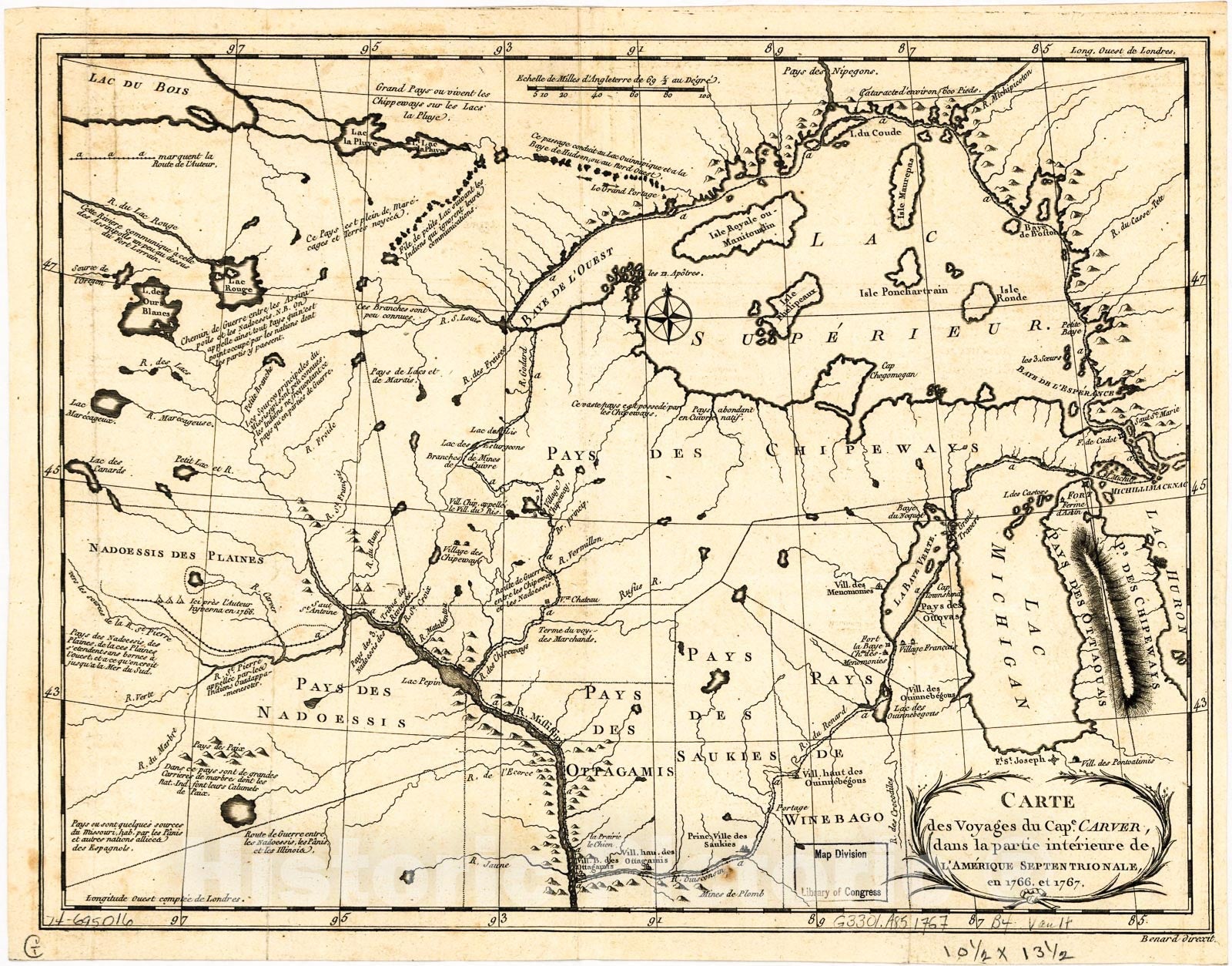 Historic 1768 Map - Carte des Voyages du Cape. Carver, Dans la Partie intÃ©rieure de l'AmÃ©rique septentrionale en 1766, et 1767.