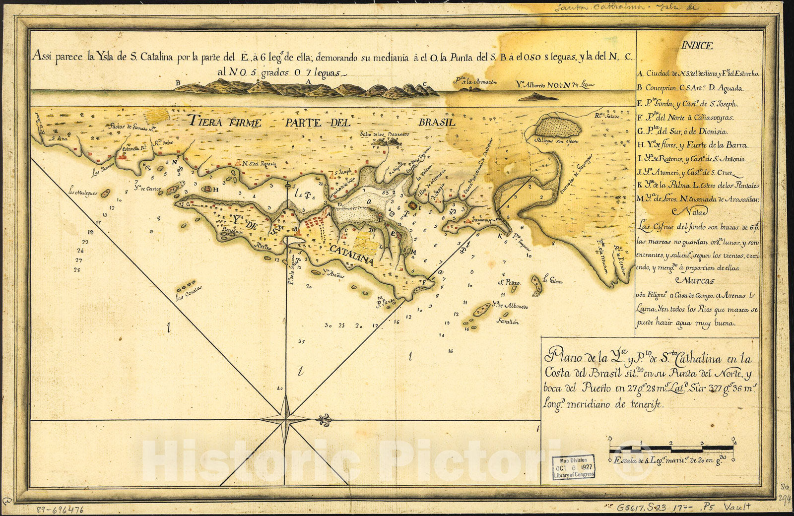 Historic 1700 Map - Plano de la Ia. y Pto. de Sta. Cathalina en la Costa del Brasil sitdo. en su Punta del Norte y Boca del Puerto en 27 gs. 28 ms. latd. sur, 327 gs. 36 ms. longd.