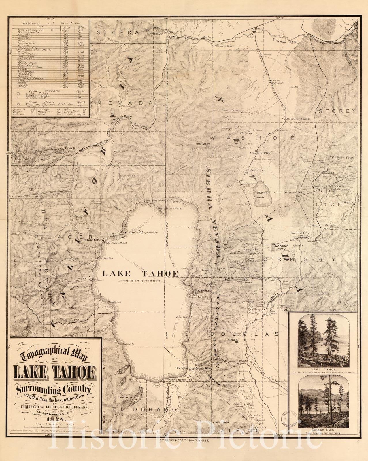 Historic 1874 Map - Topographical map of Lake Tahoe and Surrounding Country