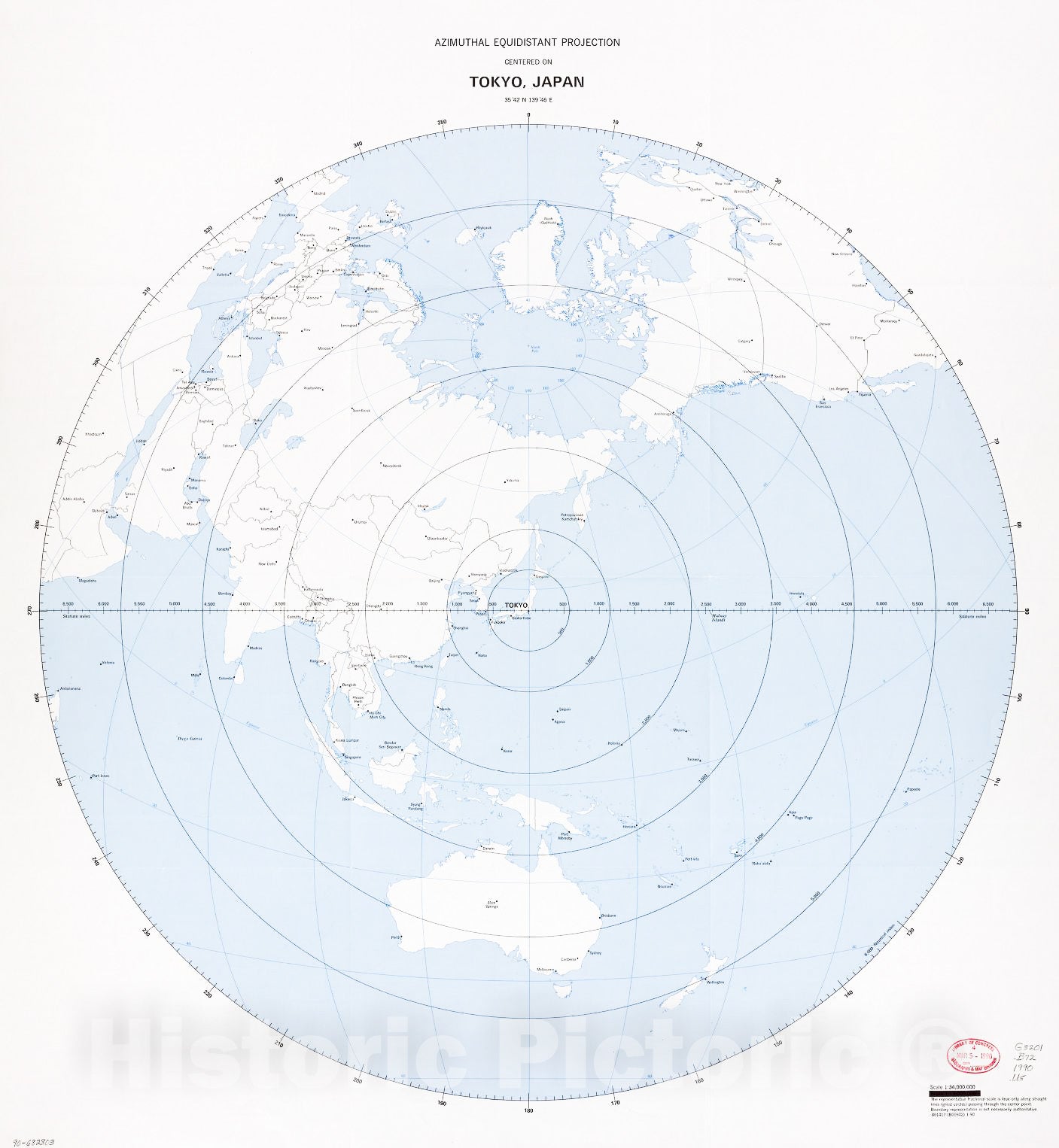 Historic 1990 Map - Azimuthal equidistant Projection Centered on Tokyo, Japan, 3542N 13946E.