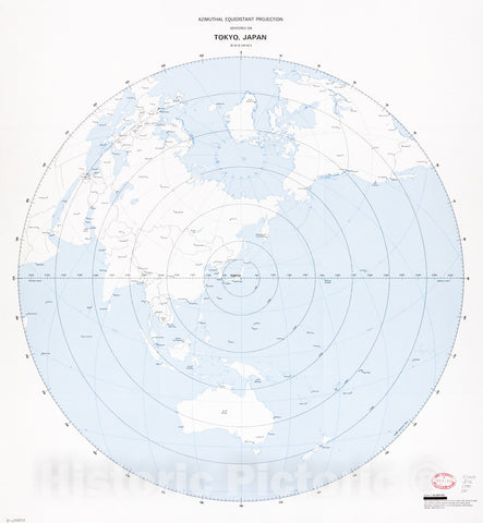 Historic 1990 Map - Azimuthal equidistant Projection Centered on Tokyo, Japan, 3542N 13946E.