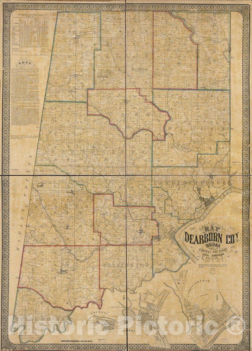 Historic 1860 Map - Map of Dearborn Coy, Indiana - Historic Pictoric