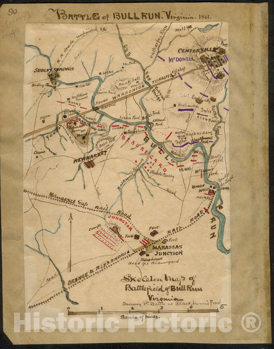 Historic 1861 Map - Skeleton map of Battlefield of Bull Run Virginia : Showing 1st Battle at Blackburn's Ford.