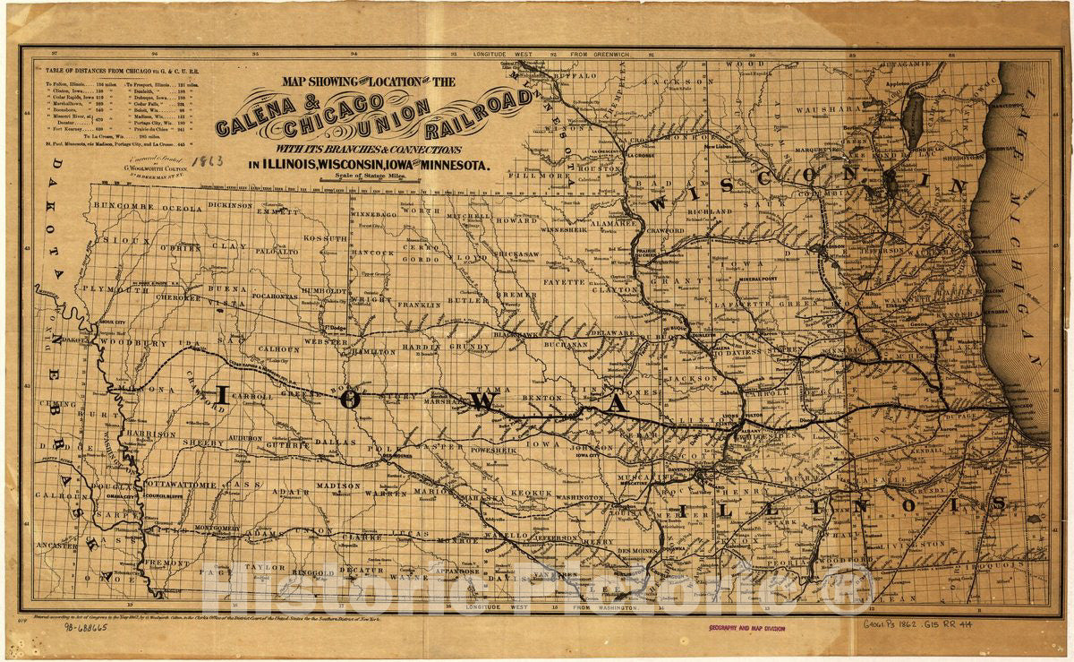 Historic 1862 Map - Map Showing The Location of The Galena & Chicago Union Railroad with its Branches & Connections in Illinois, Wisconsin, Iowa and Minnesota.