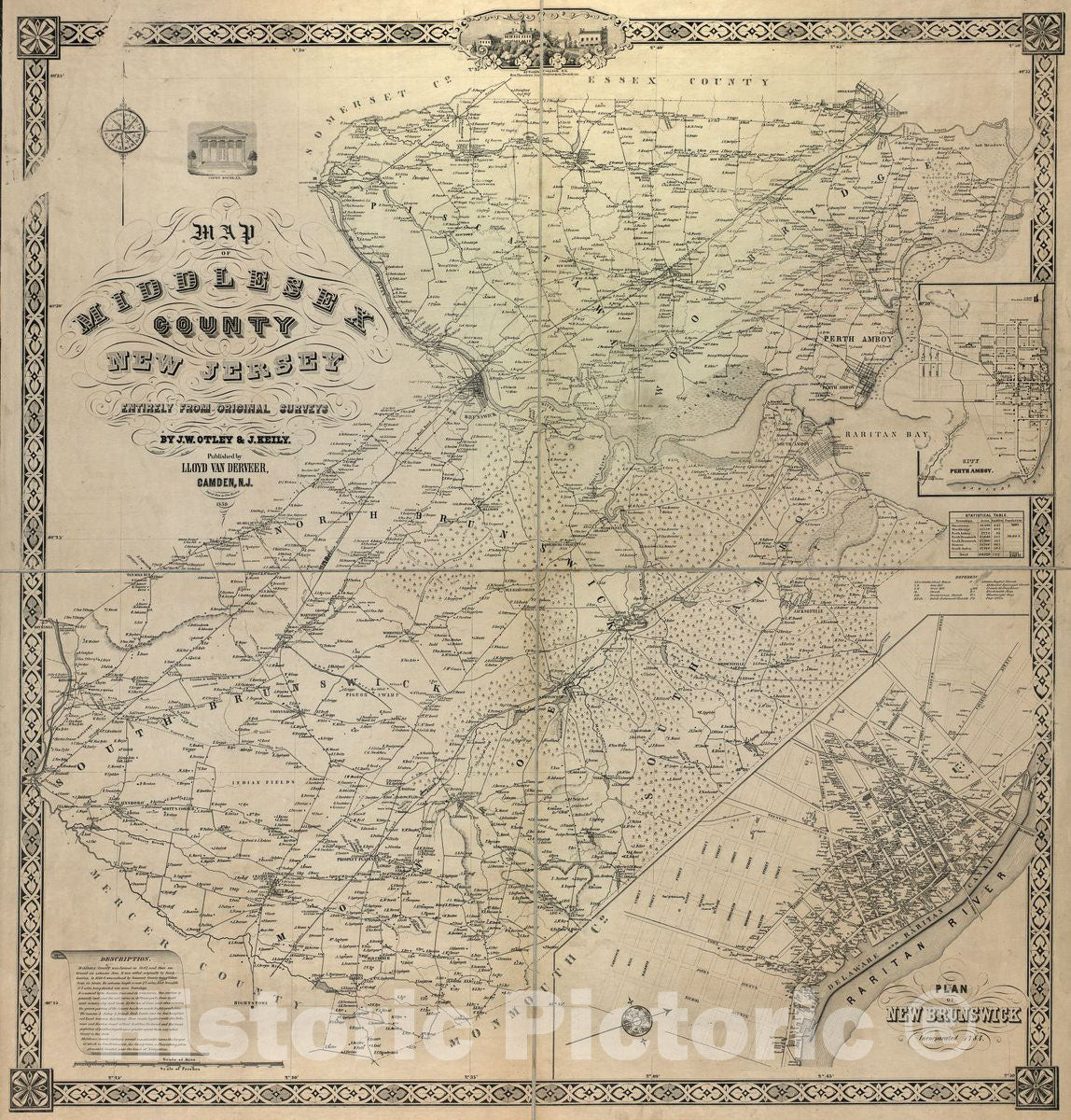 Historic 1850 Map Map of Middlesex County, New Jersey Historic Pictoric