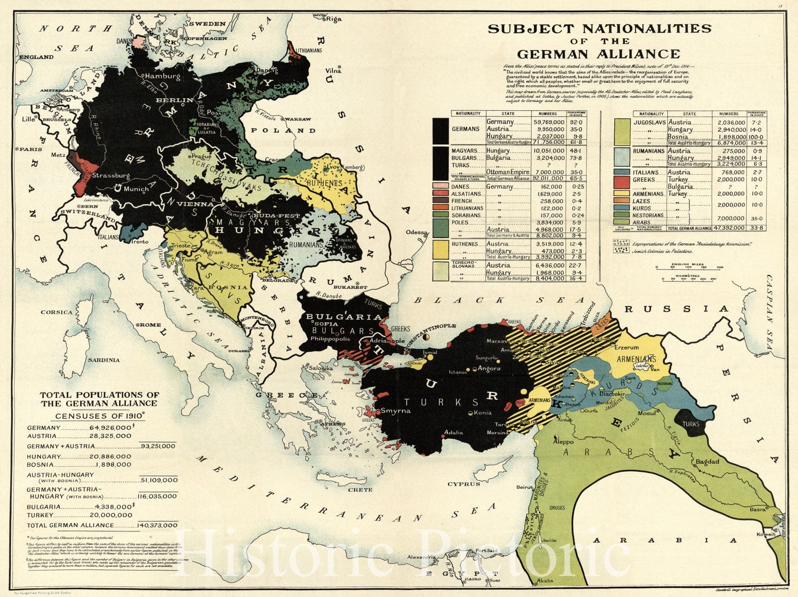 Historic 1910 Map - Subject Nationalities of The German Alliance : from The Allies' Peace Terms as Stated in Their Reply to President Wilson's Note of 19th Dec. 1916 : Eurasia