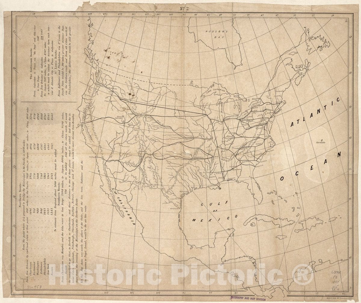 Historic 1849 Map - Map Without Title Showing The Railroad Route to Sa ...