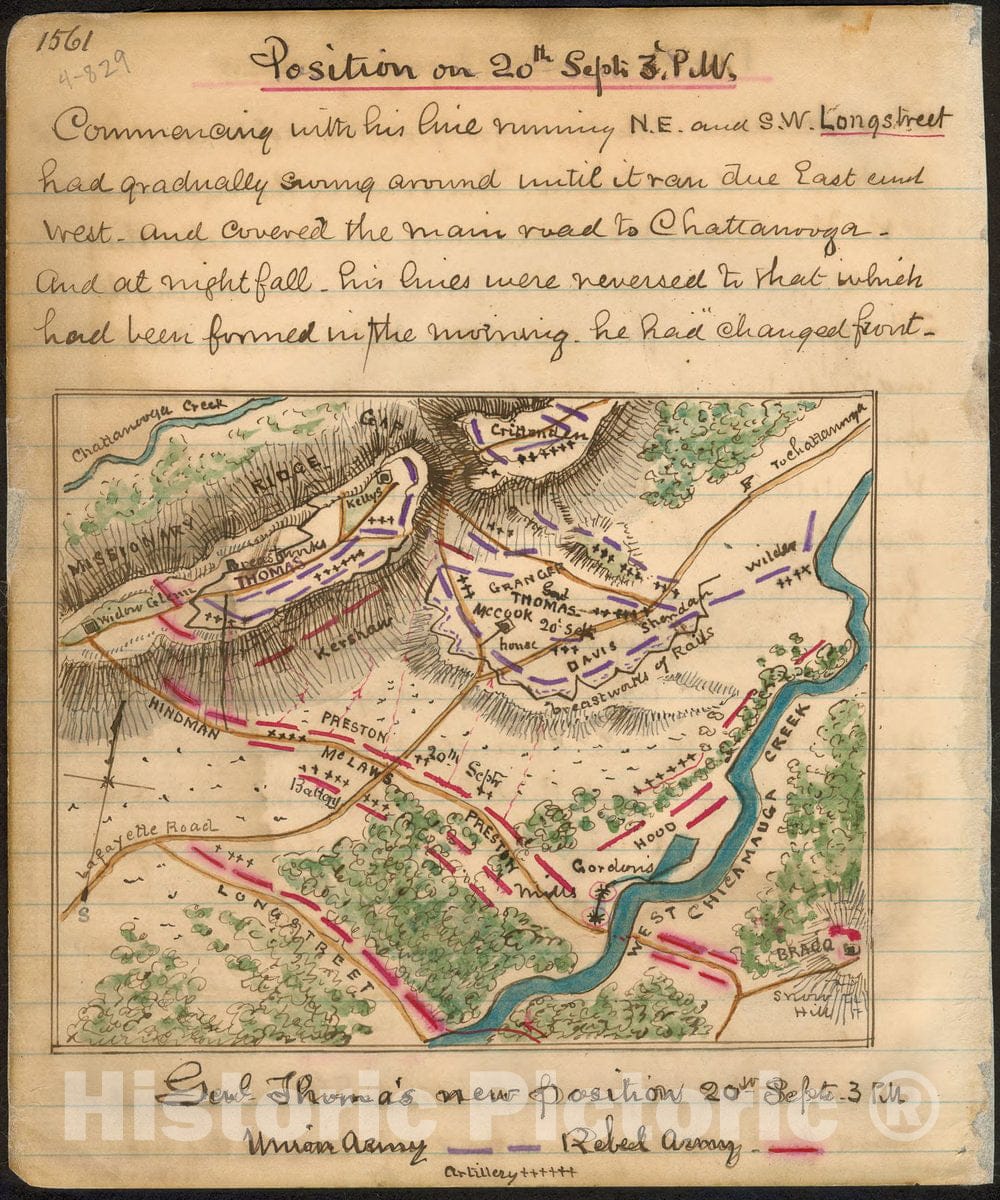 Historic 1863 Map - Genl. Thomas' New Position 20th Septr. 3 p.m ...