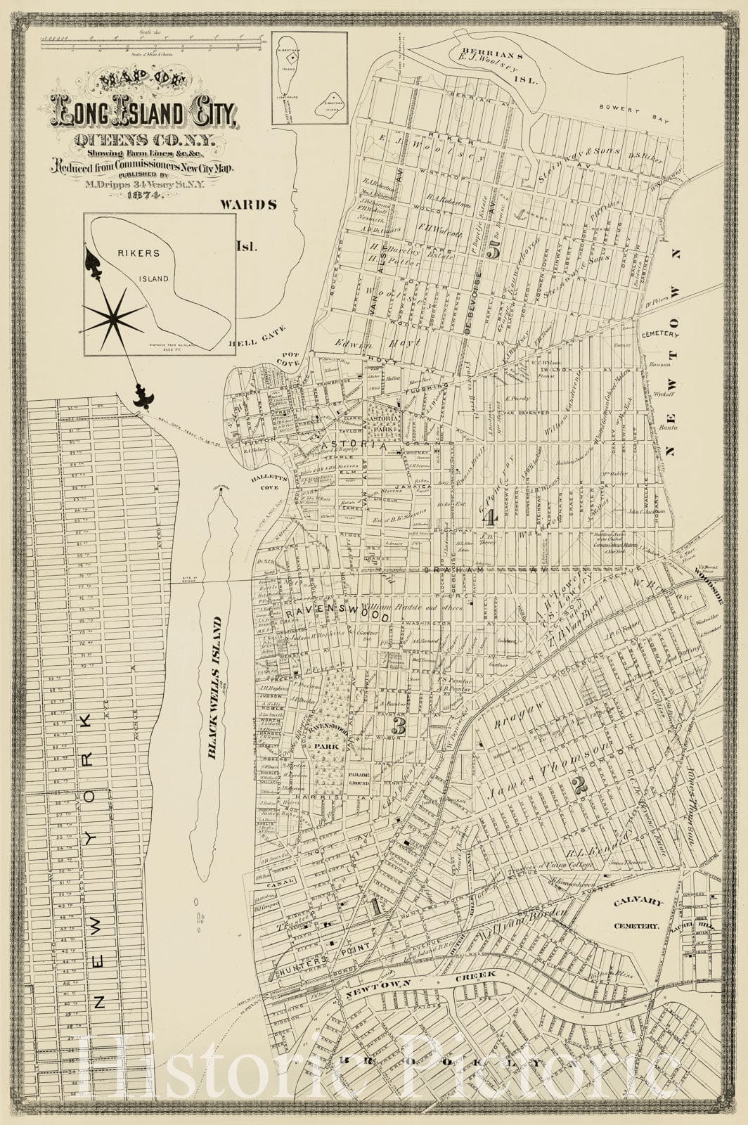 Historic 1874 Map - Map of Long Island City, Queens Co. N.Y. : Showing Farm Lines : Reduced from Commissioners New City map.