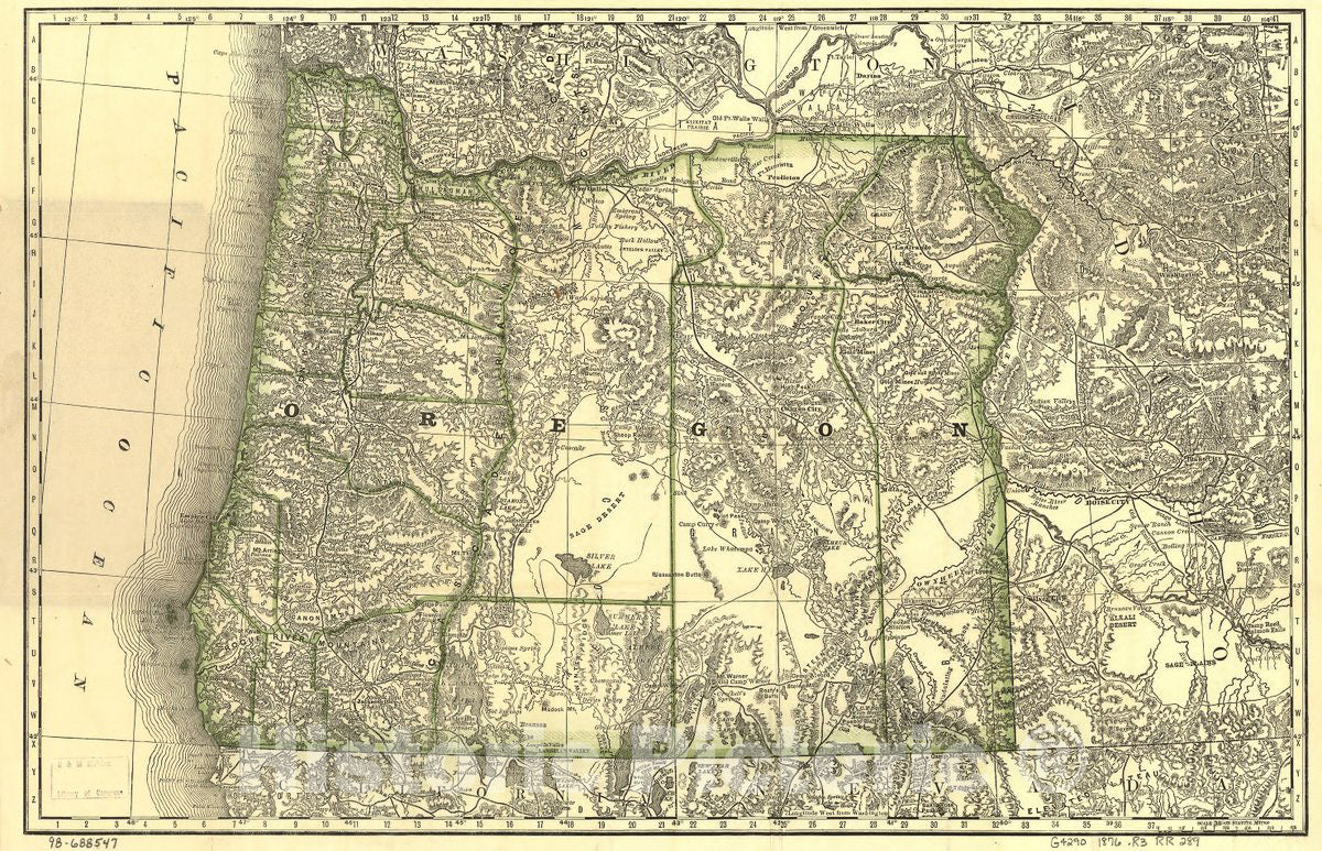 Historic 1876 Map - Indexed map of Oregon Showing The Railroads in The State and The Express Company Doing Business Over Each, Also, Counties, Lakes & Rivers.
