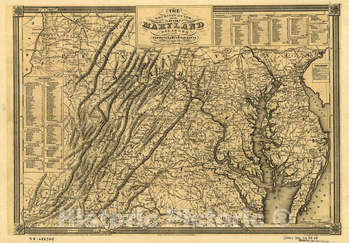 Historic 1836 Map - The Tourist'S Guide Through The States Of Maryland, Delaware, An - Vintage Wall Art