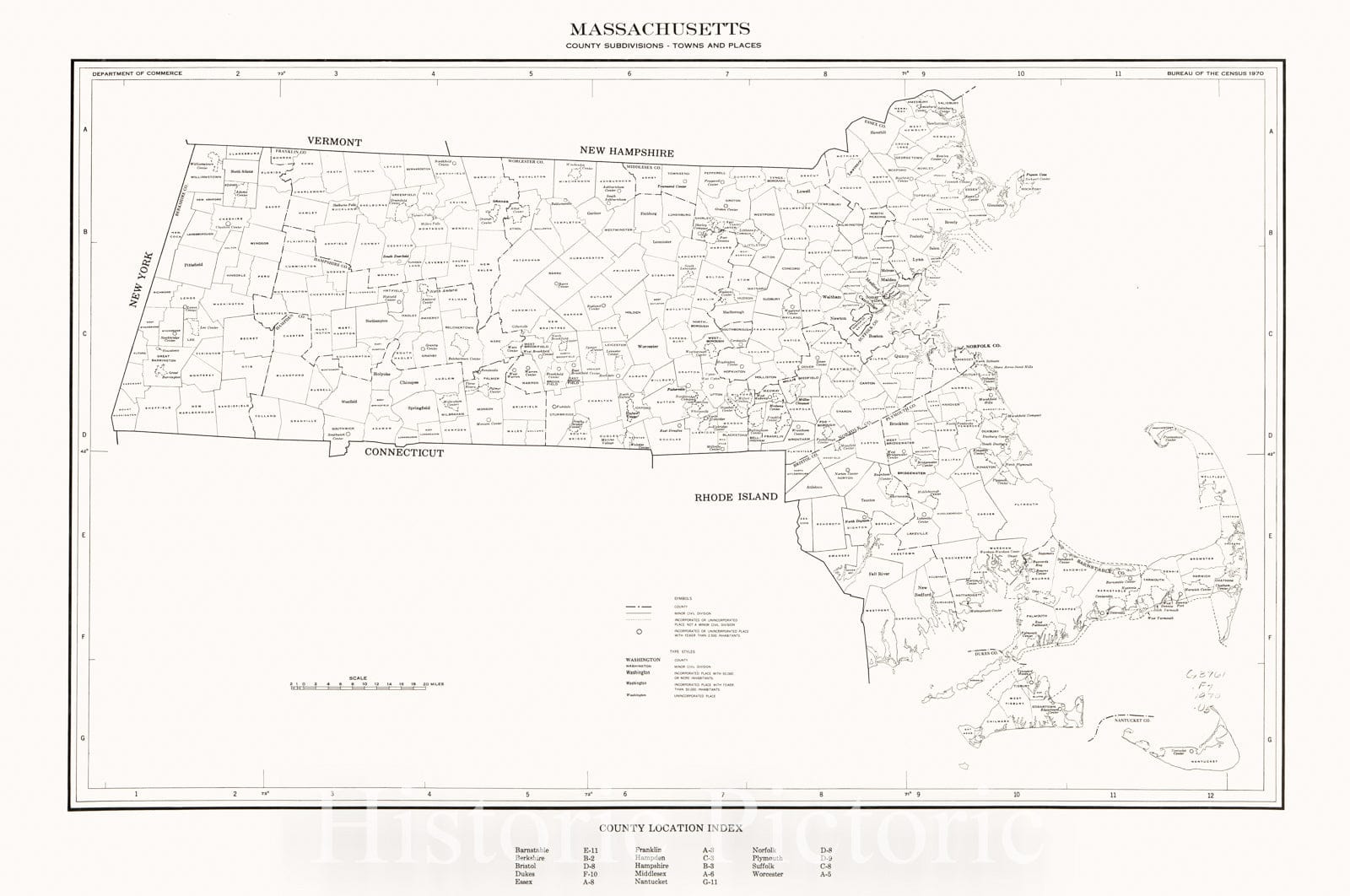Historic 1971 Map - Massachusetts; County subdivisions, Towns and Places. 1970.