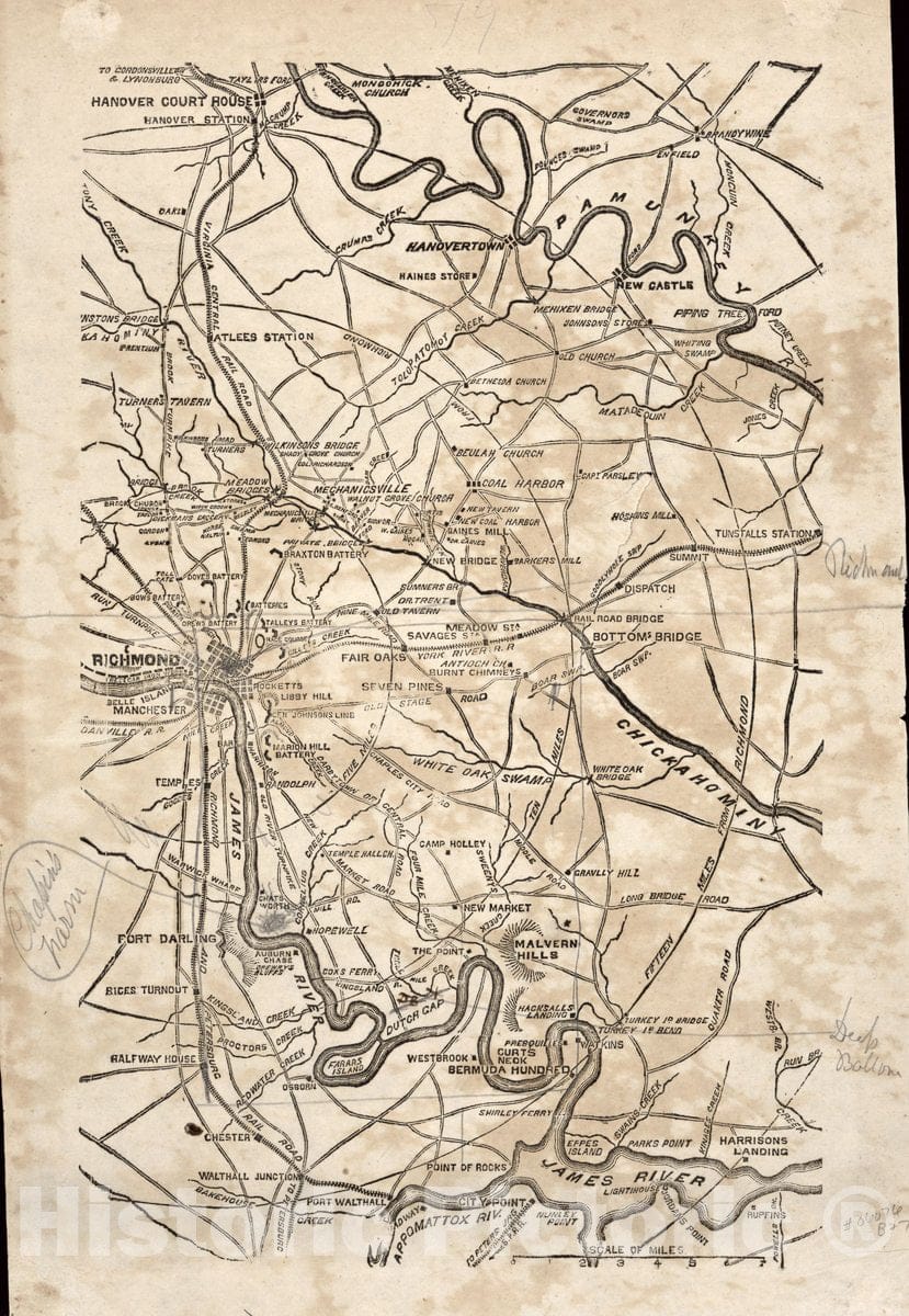Historic Map - Civil War Proof maps : United States. - Richmond, VA and Vicinity (25 Miles Concentric Circles)