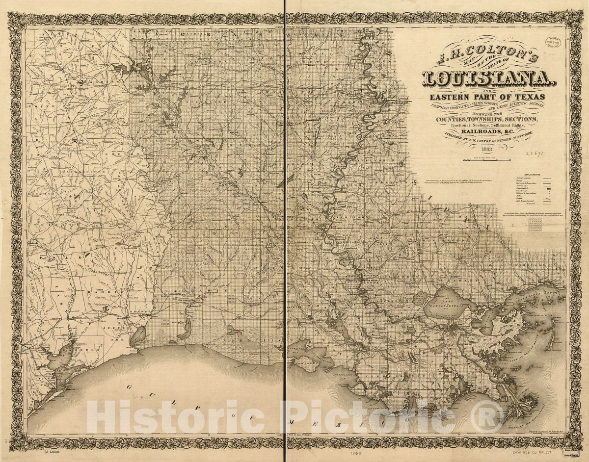 Historic 1863 Map - J. H. Colton's map of The State of Louisiana and Eastern Part of Texas compiled from United States Surveys, and Other Authentic Sources, Showing The Counties