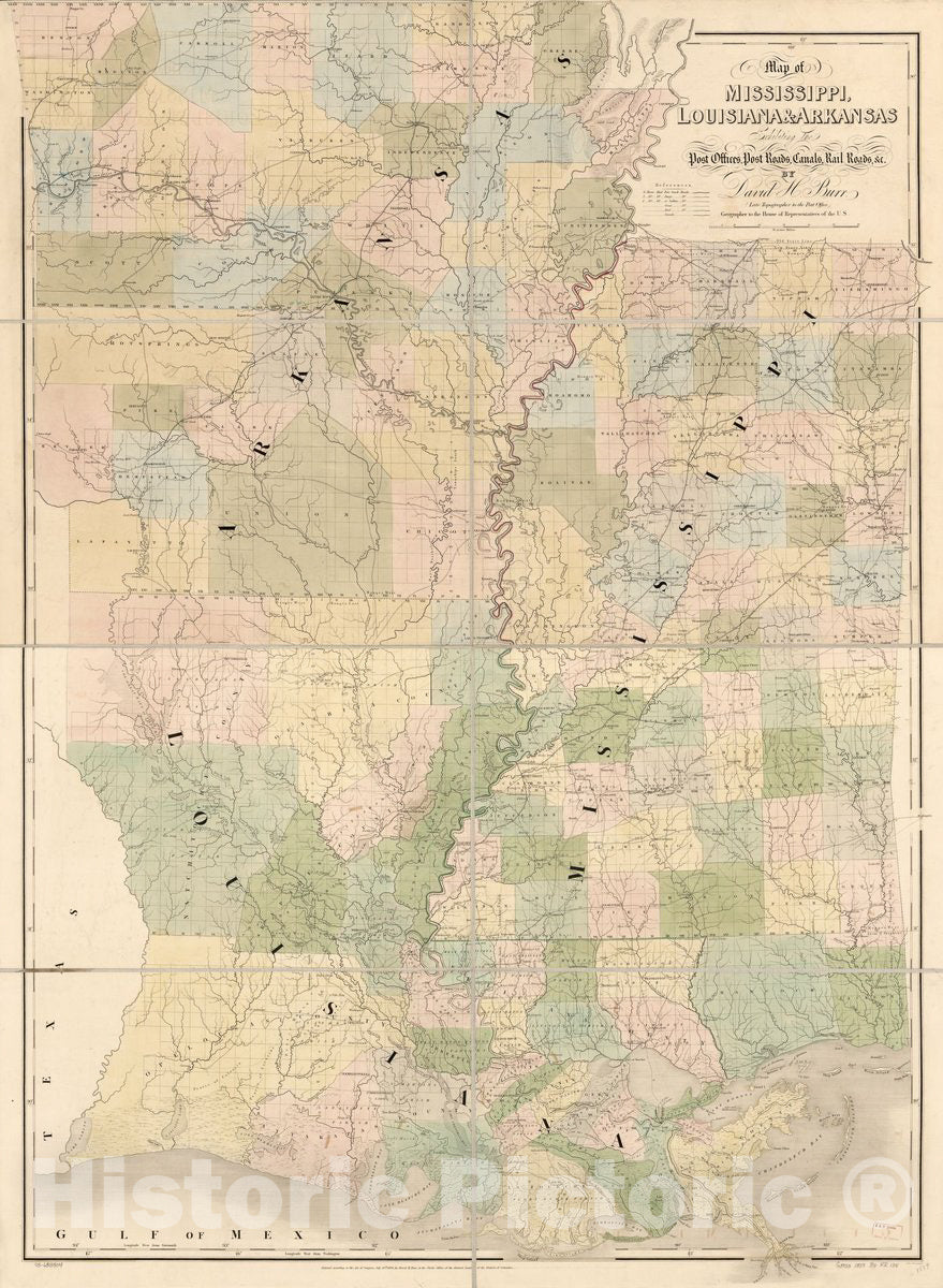 Historic 1839 Map - Map of Mississippi, Louisiana & Arkansas exhibiting The Post Offices, Post Roads, canals, Rail Roads, c.
