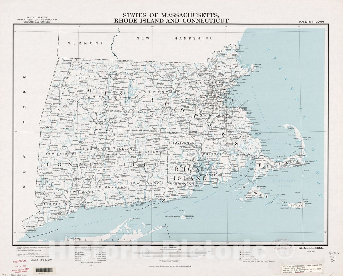 Historic 1971 Map - States of Massachusetts, Rhode Island, and Connecticut : Base map