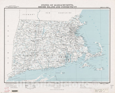 Historic 1971 Map - States of Massachusetts, Rhode Island, and Connecticut : Base map