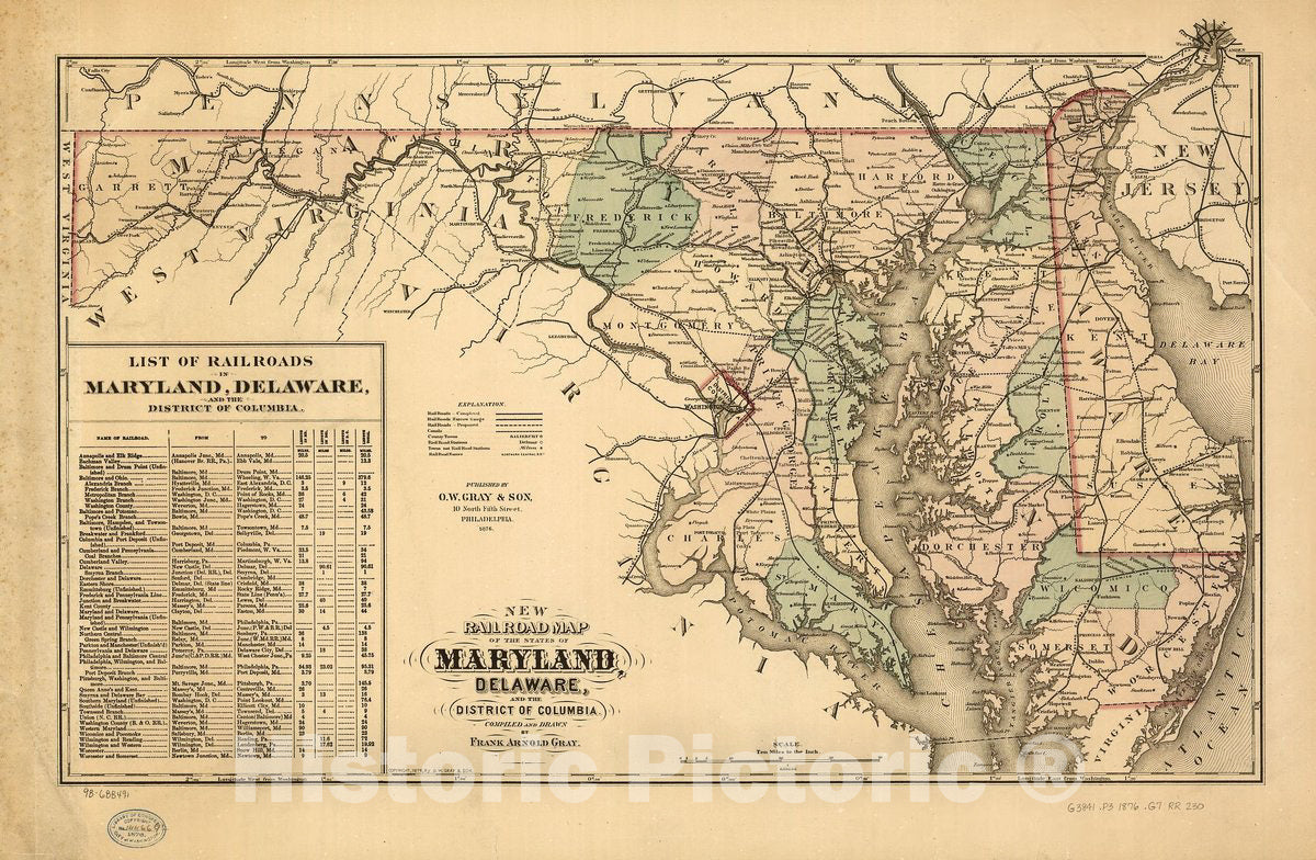 Historic 1876 Map - New Railroad map of The State of Maryland, Delaware, and The District of Columbia. Compiled and Drawn by Frank Arnold Gray.