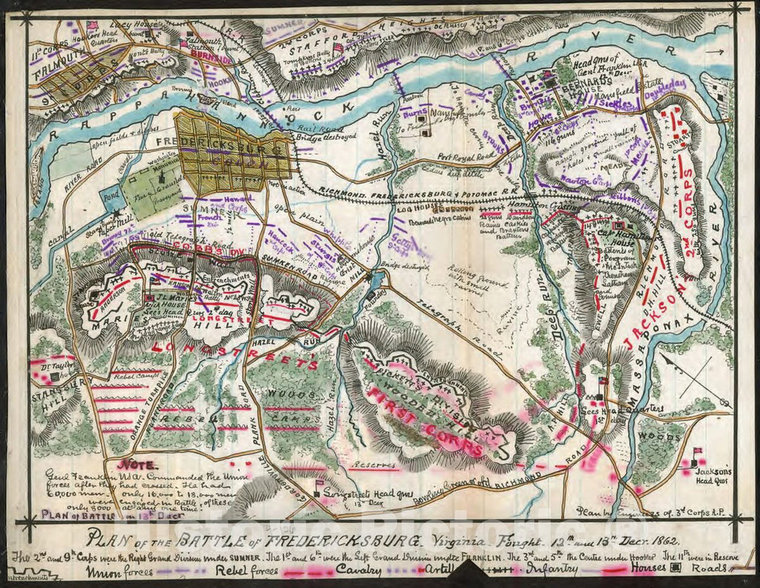 Historic 1862 Map - Plan of The Battle of Fredericksburg, Virginia.
