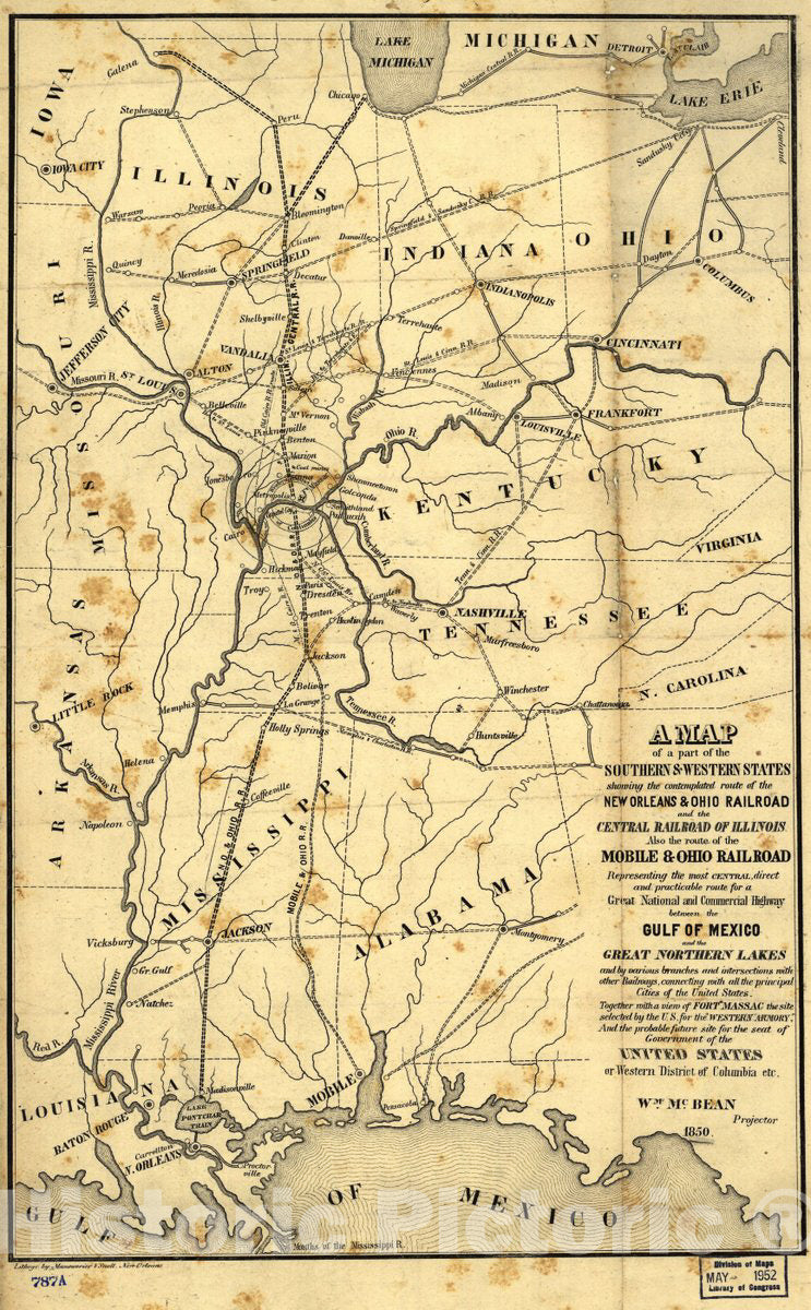 Historic 1850 Map - A map of a Part of The Southern & Western States Showing The contemplated Route of The New Orleans & Ohio Railroad and The Central Railroad of Illinois