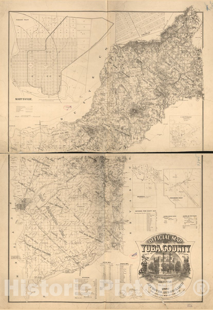 Historic 1887 Map - Official map of Yuba County, State of California : compiled and Drawn from Official recs. and Actual surveys
