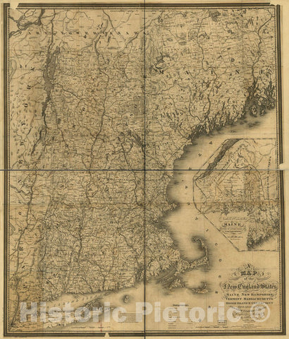 Historic 1849 Map - A map of The New England States, Maine, New Hampshire, Vermont, Massachusetts, Rhode Island & Connecticut with The Adjacent Parts of New York & Lower Canada
