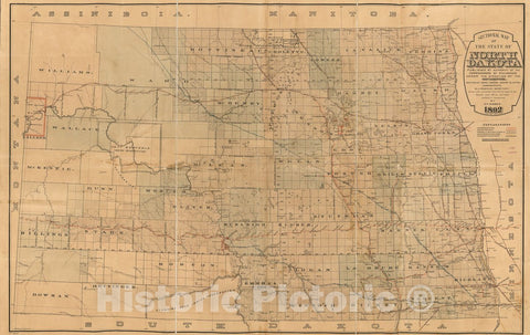 Historic 1892 Map - Sectional map of The State of North Dakota published by Authority of The commissioners of Railroads Under The Direction of The Governor