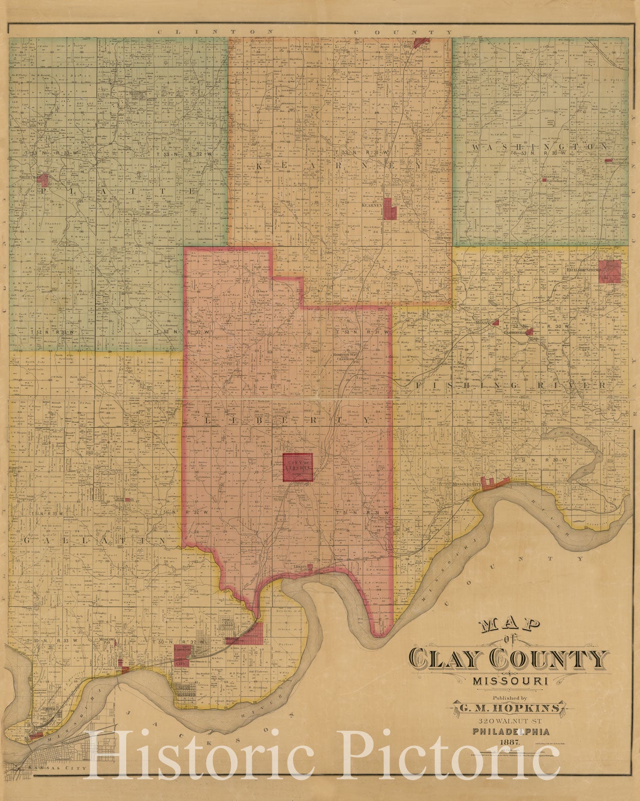 Historic 1887 Map - Map of Clay County, Missouri
