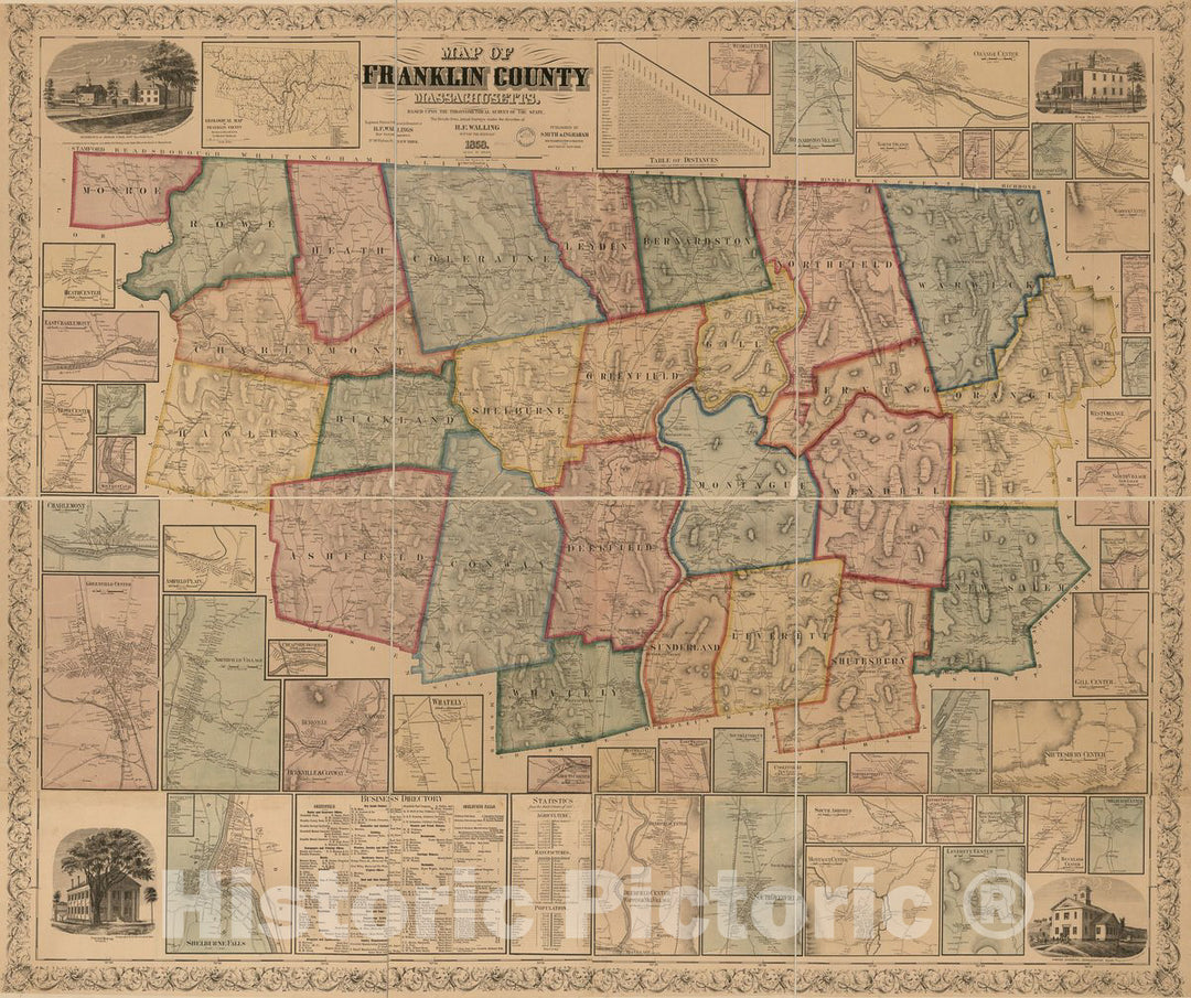 Historic 1858 Map - Map of Franklin County, Massachusetts : Based on The Trigonometrical Survey of The State : Details from Original surveys