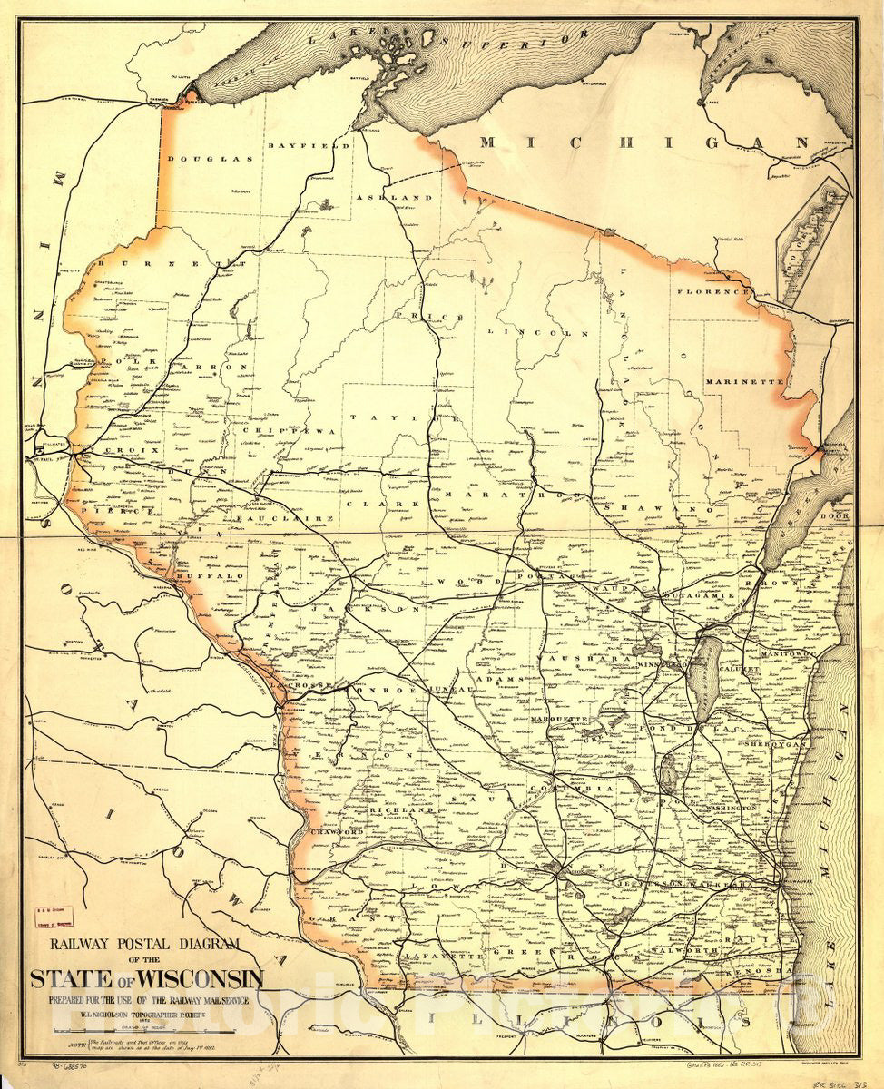 Historic 1882 Map - Railway Postal Diagram of The State of Wisconsin P ...