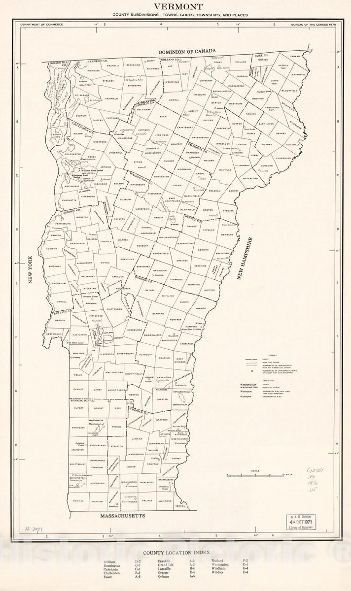 Historic 1971 Map - Vermont; County subdivisions, Towns, Gores, townsh