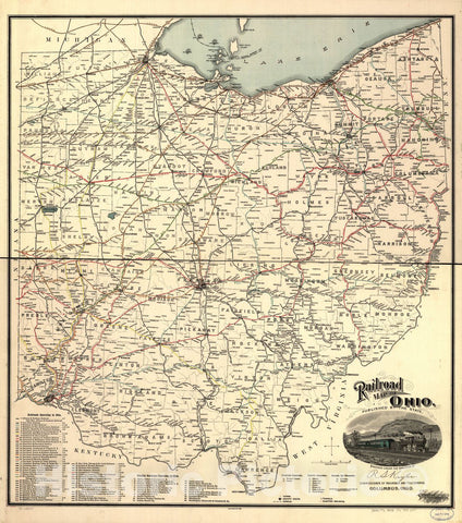 Historic 1898 Map - Railroad map of Ohio published by The State, Prepared Under The Direction of Commissioner of Railroads and telegraphs.