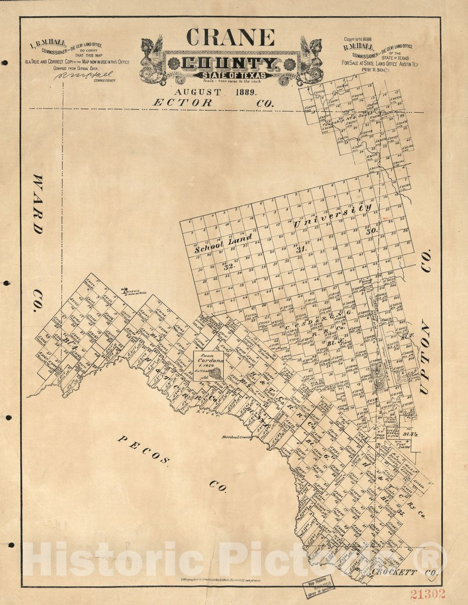 Historic 1889 Map - Crane County, State of Texas.