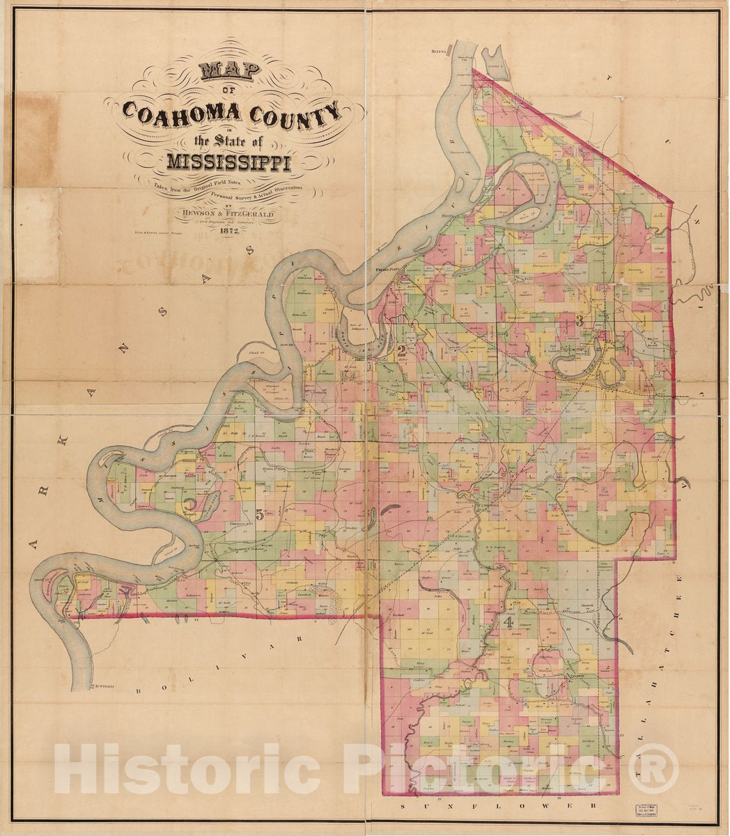 Historic 1872 Map - Map of Coahoma County in The State of Mississippi : Taken from The Original Field Notes, Personal Survey & Actual observations
