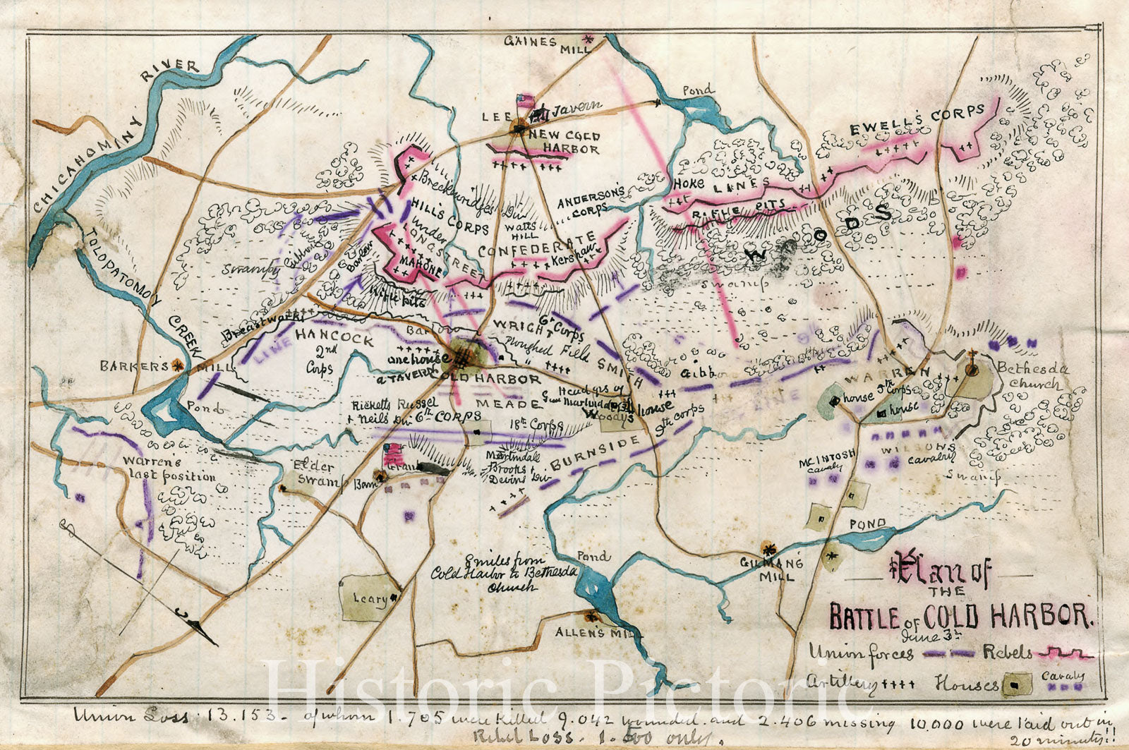 Historic 1864 Map - Plan of The Battle of Cold Harbor, June 3rd.