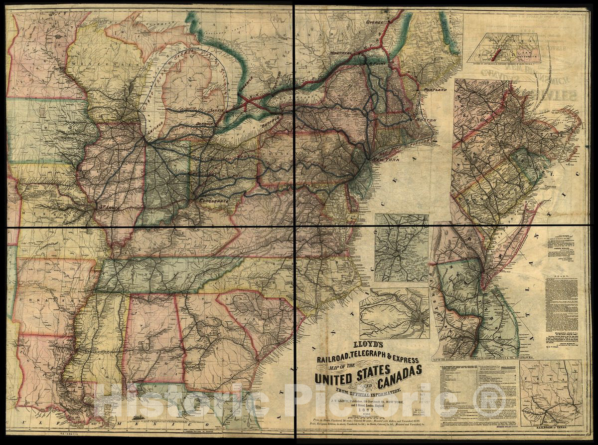 Historic 1867 Map - Lloyd's Railroad, Telegraph & Express map of The United States and Canadas from Official Information.