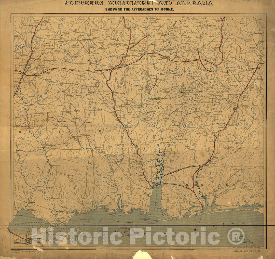 Historic 1863 Map - Southern Mississippi and Alabama Showing The approaches to Mobile.