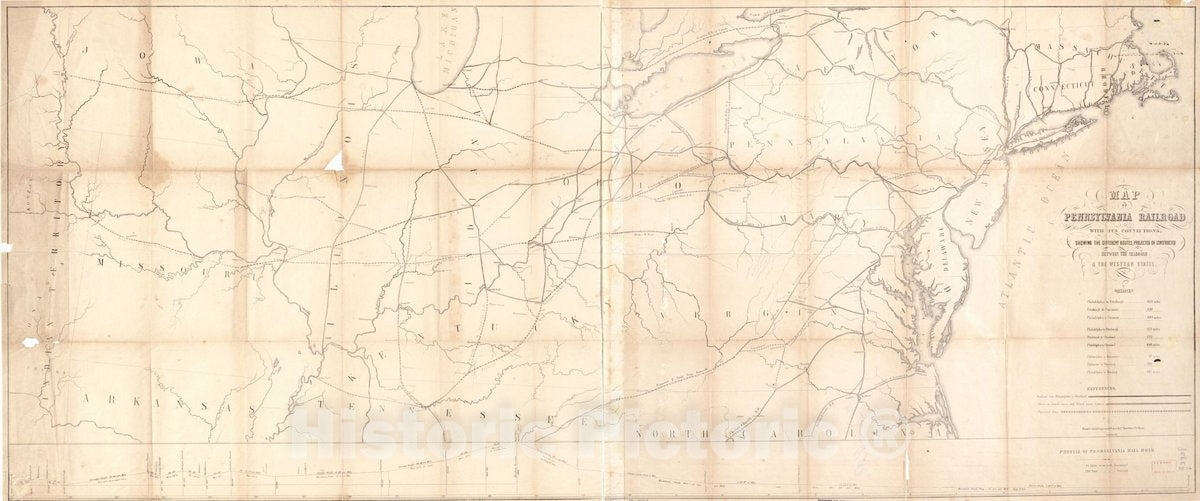 Historic 1851 Map - Map of Pennsylvania Railroad with its Connections, Showing The Different Routes, projected or Constructed Between The Seaboard & The Western States.