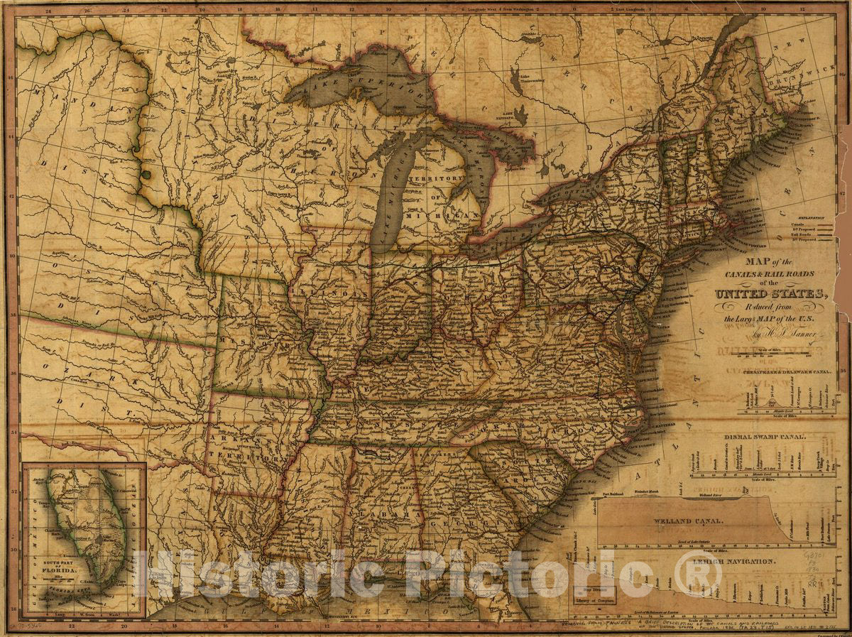 Historic 1830 Map - Map of The canals & Rail Roads of The United States Reduced from The Large map of The U.S.
