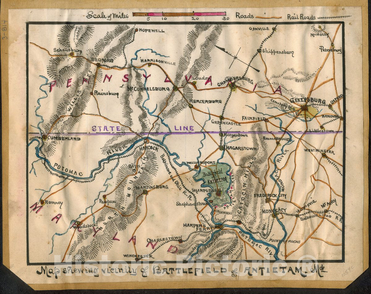 Historic 1862 Map - Map Showing Vicinity of Battlefield of Antietam Md.