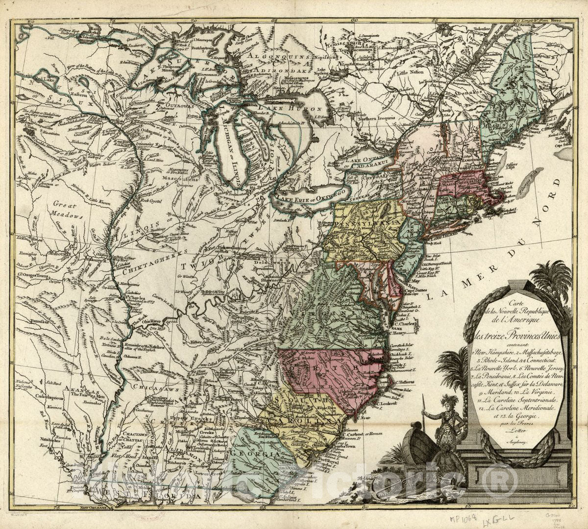 Historic 1778 Map - Carte de la Nouvelle rÃ©publique de lAmÃ©rique ou les treize Provinces Unies : contenant, 1. New Hampshire, 2. Massachusetsbaye, 3. Rhode-Island, 4. Connecticut, 5.