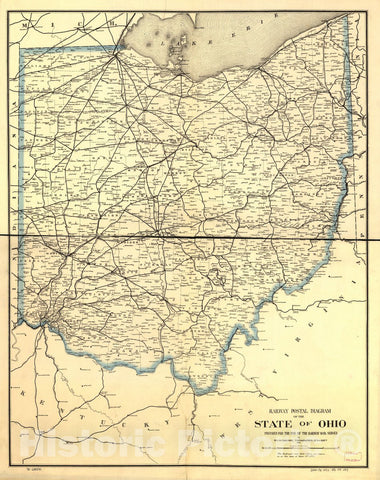 Historic 1882 Map - Railway Postal Diagram of The State of Ohio Prepared for The use of The Railway Mail Service by W. L. Nicholson, Topographer of The Post Office Dept.