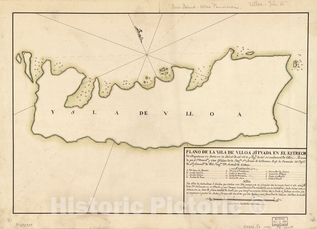 Historic 1792 Map - Plano de la Ysla de Ulloa situada en el Estrecho de Magallanes su Centro en la latitud DE 5339 S. y longd. DE 6630 Occidental de CÃ¡diz