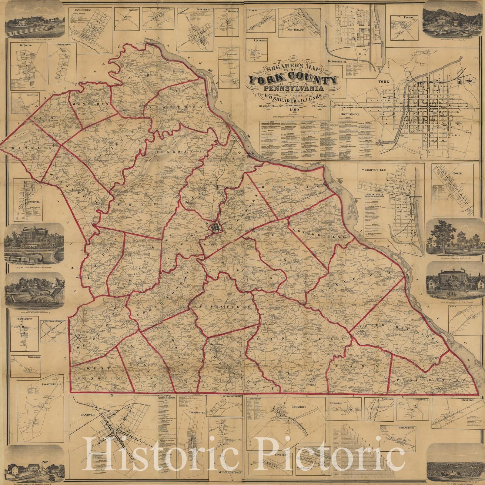 Historic 1860 Map - Shearer's map of York County, Pennsylvania : from Actual surveys
