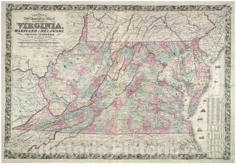 Historic 1864 Map - Colton's New Topographical map of The States of Virginia, Maryland and Delaware, Showing Also Eastern Tennessee
