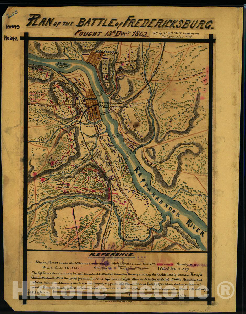 Historic 1862 Map - Plan of The Battle of Fredericksburg. Fought 13th Decr. 1862.