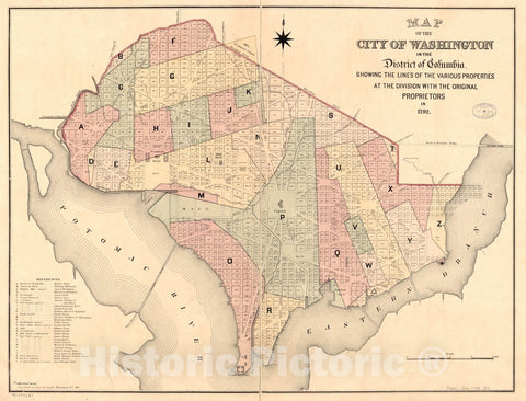 Historic 1884 Map - Map of The City of Washington in The District of Columbia Showing The Lines of The Various Properties at The Division with The Original proprietors in 1792.