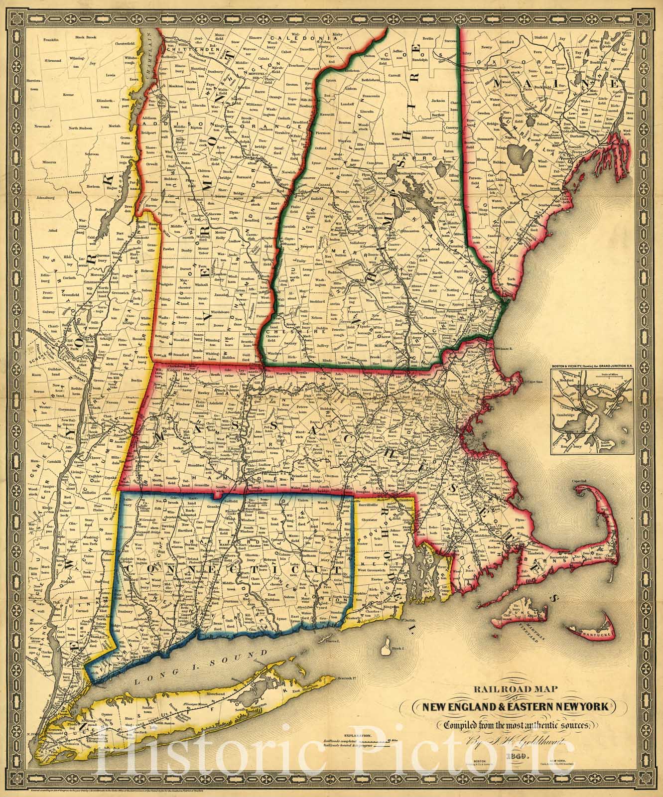 Historic 1849 Map - Railroad map of New England & Eastern New York complied from The Most Authentic Sources.